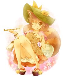 Rule 34 | 1girl, ;q, animal ears, bad id, bad pixiv id, bell, bloomers, bow, brown eyes, brown hair, clog sandals, futatsuiwa mamizou, glasses, gourd, hat, kiseru, notepad, okobo, one eye closed, raccoon ears, raccoon tail, ratryu, sandals, sitting, smoking pipe, solo, tail, tongue, tongue out, touhou, underwear, wink