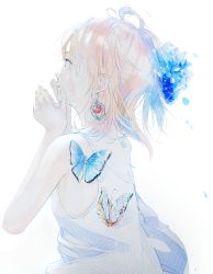 Rule 34 | 1girl, aspara, blonde hair, blue flower, bug, butterfly, flower, from side, green eyes, hair flower, hair ornament, hands up, highres, insect, light smile, original, parted lips, petals, simple background, solo, tank top, tearing up, tears, upper body, white background, wind