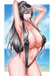 Rule 34 | 1girl, areola slip, armpits, arms behind head, arms up, bare shoulders, beach, black hair, black one-piece swimsuit, blue sky, breasts, brown hair, cleavage, cloud, cloudy sky, collarbone, covered erect nipples, curvy, day, eyelashes, eyes visible through hair, female focus, hair between eyes, huge areolae, huge breasts, huge nipples, idolmaster, idolmaster shiny colors, impossible clothes, impossible swimsuit, looking at viewer, makeup, navel, nipples, ocean, one-piece swimsuit, open mouth, outdoors, ponytail, puffy areolae, puffy nipples, puni2brain, revealing clothes, sexually suggestive, shiny clothes, shiny skin, shirase sakuya, skindentation, sky, slingshot swimsuit, solo, sparkle, sparkle background, swimsuit, water
