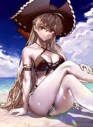 Rule 34 | 1girl, ahoge, arm support, armlet, aroddst4, ass, azur lane, bad id, bad twitter id, bare legs, bare shoulders, beach, bikini, black bikini, breasts, brown hair, cleavage, closed mouth, collarbone, criss-cross halter, crossed legs, cutoffs, day, denim, denim shorts, earrings, expressionless, front-tie bikini top, front-tie top, grey shorts, halterneck, hat, highleg, highleg bikini, highres, jean bart (azur lane), jean bart (private apres midi) (azur lane), jewelry, knees up, leg up, long hair, looking at viewer, medium breasts, micro shorts, necklace, official alternate costume, outdoors, pirate hat, red eyes, short shorts, shorts, sitting, solo, string bikini, swimsuit, thighs, v-shaped eyebrows, very long hair