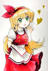 Rule 34 | 1girl, apron, blonde hair, bow, breasts, buttons, ellen (touhou), green eyes, hat, hat bow, heart, highres, long hair, maa (forsythia1729), open mouth, puffy short sleeves, puffy sleeves, red bow, red skirt, red vest, shirt, short sleeves, simple background, skirt, small breasts, sweater, touhou, touhou (pc-98), traditional media, turtleneck, turtleneck sweater, v, vest, waist apron, white apron, white background, white shirt