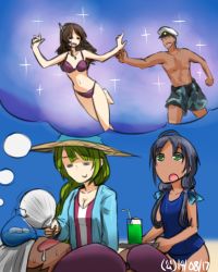 Rule 34 | 10s, 1boy, 3girls, :o, admiral (kancolle), ashigara (kancolle), blue hair, breasts, brown hair, cleavage, dated, dreaming, drink, drinking straw, closed eyes, hand fan, fanning, fanning face, green eyes, green hair, hamu koutarou, hat, kantai collection, long hair, looking up, medium breasts, multiple girls, navel, one-piece swimsuit, peaked cap, reaching, saliva, school swimsuit, sleeping, smile, sparkle, sun hat, suzukaze (kancolle), swimsuit, tan, thought bubble, twintails, yuugumo (kancolle)