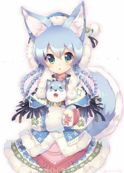 Rule 34 | 1girl, animal, animal ears, aqua eyes, coat, copyright request, dog, dress, gloves, holding, holding animal, holding dog, looking at viewer, rento (rukeai), silver hair, solo, tail, wolf ears, wolf tail