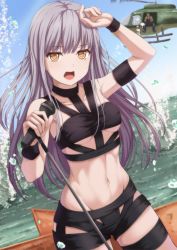 Rule 34 | 1boy, 1girl, aircraft, armband, bad id, bad twitter id, bang dream!, blurry, breasts, brown eyes, cameraman, choker, collarbone, covered erect nipples, day, depth of field, grey hair, hand over face, helicopter, highres, hot limit, long hair, looking at viewer, medium breasts, microphone, minato yukina, narafume, navel, open mouth, revealing clothes, sky, solo focus, splashing, stage, standing, toned, underboob, water, wristband