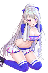 Rule 34 | 1girl, :o, armpit cutout, azur lane, blue thighhighs, bow, breasts, casablanca (azur lane), casablanca (cheer squad on break) (azur lane), cheerleader, cleavage, clothes writing, clothing cutout, crop top, hair bow, hand up, highres, kneeling, large breasts, long hair, long sleeves, looking at viewer, midriff, miniskirt, navel, open mouth, pleated skirt, ponytail, purple eyes, ribbed legwear, shirt, shoes, silver hair, simple background, siun, skirt, solo, stomach, sweat, thighhighs, very long hair, white background, white skirt, zettai ryouiki