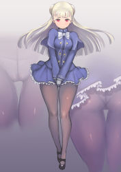 Rule 34 | 1girl, blush, brown pantyhose, capcom, capcom fighting jam, coat, commentary request, covering privates, covering crotch, frilled skirt, frills, hairpods, highres, ingrid (capcom), johan (johan13), long hair, mary janes, panties, panties under pantyhose, pantyhose, platinum blonde hair, purple coat, purple skirt, red eyes, shoes, skirt, solo, underwear, zoom layer