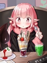 Rule 34 | + +, 1girl, absurdres, black hoodie, blush, cake, cake slice, cheesecake, commentary request, cup, demon girl, demon tail, drinking glass, food, fruit, hair between eyes, hand up, highres, holding, holding spoon, hood, hood down, hoodie, indoors, long hair, long sleeves, low twintails, menu, mochiyuki, original, parfait, parted lips, pink hair, pointy ears, red eyes, sitting, sleeves past wrists, solo, spoon, strawberry, table, tail, tail raised, twintails, upper body, wafer stick
