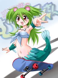 Rule 34 | 1girl, fins, fish tail, green hair, highres, jewelry, long hair, mermaid, monster girl, muromi-san, namiuchigiwa no muromi-san, necklace, open mouth, red eyes, rokushaku neko, scales, seashell, shell, skateboard, smile, solo, tail, twintails, two side up, v, victory pose