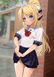 Rule 34 | 1girl, black skirt, blonde hair, blue eyes, blurry, blurry background, bow, bowtie, brick wall, commentary request, cowboy shot, day, elf, enjo kouhai, hair ribbon, highres, iris (takunomi), light blush, long hair, looking at viewer, outdoors, pointy ears, ponytail, red bow, red bowtie, ribbon, see-through, shirt, short sleeves, skirt, solo, takunomi, thighs, very long hair, wet, wet clothes, white ribbon, white shirt, wing collar, wringing clothes, wringing skirt