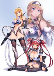 Rule 34 | 3girls, absurdres, airi (queen&#039;s blade), airi (queen&#039;s blade unlimited), animal ears, armor, armored boots, artist request, bare shoulders, bdsm, bikini armor, black dress, black legwear, blonde hair, blue eyes, boots, breasts, chain, cleavage, closed mouth, collar, dress, elina (queen&#039;s blade), elina (queen's blade), fake animal ears, femdom, full body, gluteal fold, headband, highres, holding, holding weapon, large breasts, leash, leina (queen&#039;s blade), leina (queen&#039;s blade unlimited), long hair, looking at viewer, looking away, medium breasts, multiple girls, navel, official art, panties, quad tails, queen&#039;s blade, queen&#039;s blade unlimited, queen&#039;s blade white triangle, red hair, revealing clothes, shadow tracker elina, slave, smile, standing, thighhighs, torn clothes, torn legwear, underwear, weapon, white panties, wrist cuffs