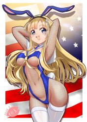 Rule 34 | 1girl, american flag, animal ears, arm up, armpits, arms behind head, arms up, bare shoulders, blonde hair, blue eyes, bow, bowtie, breasts, rabbit ears, rabbit tail, double bun, fake animal ears, fishnets, fletcher (kancolle), kantai collection, large breasts, leotard, long hair, looking at viewer, moke ro, navel, one-hour drawing challenge, playboy bunny, solo, strapless, strapless leotard, tail