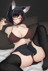 Rule 34 | 1girl, animal ear fluff, animal ears, black choker, black hair, black skirt, black thighhighs, blush, bra, choker, claw pose, closed mouth, feet, female pubic hair, glasses, highres, hololive, knees up, legs, looking at viewer, multicolored hair, no shoes, on bed, ookami mio, panties, pantyshot, pillow, pubic hair, red bra, red hair, red nails, red panties, short hair, skirt, smile, solo, streaked hair, tail, thighhighs, underwear, underwear only, varniskarnis, virtual youtuber, wolf ears, wolf tail, yellow eyes