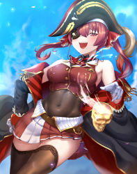 Rule 34 | 1girl, :d, absurdres, armpit crease, arrow through heart, bicorne, black coat, black hat, black thighhighs, blue sky, blush, bodystocking, breasts, cloud, cloudy sky, coat, commentary, covered navel, cowboy shot, cropped jacket, cup, day, eyepatch, gloves, hair between eyes, hair ribbon, hand on own hip, hat, highres, hololive, houshou marine, jacket, leotard, leotard under clothes, looking at viewer, medium breasts, medium hair, miniskirt, off shoulder, open mouth, outdoors, panamuru, pirate hat, pleated skirt, red eyes, red hair, red jacket, red skirt, ribbon, see-through, see-through leotard, skirt, skull, sky, sleeveless, sleeveless jacket, smile, solo, teeth, thighhighs, thighs, twintails, virtual youtuber, white gloves, zettai ryouiki