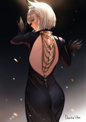 Rule 34 | 1girl, absurdres, ambience synesthesia, animal ear fluff, animal ears, arknights, backless dress, backless outfit, black dress, cat ears, commentary, cowboy shot, dankashu, dress, english commentary, fingernails, from behind, green eyes, green hair, highres, kal&#039;tsit (arknights), looking at viewer, looking back, medium hair, official alternate costume, sharp fingernails, sideways glance, solo