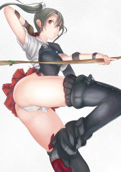 Rule 34 | 10s, 1girl, archery, arm behind head, arm up, ass, black hair, boots, bow (weapon), brown eyes, from below, from side, fundoshi, gloves, highres, japanese clothes, kantai collection, kyuudou, leg up, looking at viewer, muneate, partially fingerless gloves, partly fingerless gloves, pointing, q (ed69), sheath, single glove, skirt, solo, thigh boots, thighhighs, thighs, twintails, unsheathing, weapon, yugake, zuikaku (kancolle)