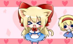 Rule 34 | &gt; &lt;, 1girl, :d, :o, > <, alice margatroid, animal ears, apron, blonde hair, blue dress, blush, blush stickers, bow, capelet, cat ears, cat girl, cat tail, chibi, dress, closed eyes, female focus, hair bow, hairband, heart, heart background, kemonomimi mode, kirby (series), kirbypoke, large bow, long hair, nintendo, open mouth, ritateo, sash, shanghai doll, short hair, smile, solid circle eyes, solo, tail, touhou, waist apron, xd