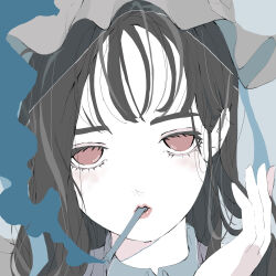 Rule 34 | 1girl, absurdres, blush, brown hair, choppy bangs, cigarette, collared shirt, grey hat, grey shirt, hand up, hat, highres, lipstick, long hair, makeup, mob cap, mouth hold, no pupils, nocopyrightgirl, original, pale skin, parted bangs, red eyes, red lips, shirt, smoke trail, smoking, solo, straight-on