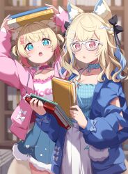 absurdres animal_ear_fluff animal_ears blonde_hair blue_camisole blue_coat blue_eyes blue_hair blurry blurry_background book breasts camisole cleavage coat collarbone cowboy_shot dog_ears dog_girl fuwawa_abyssgard fuwawa_abyssgard_(casual) glasses highres holding holding_book hololive hololive_english jacket large_breasts long_hair mococo_abyssgard mococo_abyssgard_(casual) multicolored_hair pink_eyes pink_hair pink_jacket pleated_skirt shirt short_hair siblings sisters skirt small_breasts streaked_hair tenmon_(tenmon0715) twins two-tone_hair virtual_youtuber white_shirt white_skirt