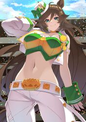 Rule 34 | 1girl, absurdres, ahoge, animal ears, arm belt, armband, artist name, asymmetrical sleeves, belt, belt buckle, blush, breasts, brown hair, buckle, choker, closed mouth, commentary request, confetti, feet out of frame, grey eyes, hair ornament, hairclip, hat, highres, horse ears, horse girl, horse tail, large breasts, long hair, looking at viewer, midriff, mini hat, mini top hat, mr. c.b. (umamusume), navel, outdoors, pants, reibun (raven1119), simple background, single bare shoulder, smile, solo, tail, tilted headwear, top hat, umamusume, white armband, white belt, white pants, wrist cuffs