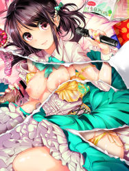 Rule 34 | 1girl, bad id, bad pixiv id, black hair, bow, bowtie, breasts, censored, character request, collared shirt, commentary request, copyright request, dildo, frilled skirt, frills, green bow, green neckwear, hair bow, hougu souji, looking at viewer, medium breasts, medium hair, microphone, nail polish, nipples, panties, partially opened mouth, penis, penis grab, pink eyes, revealing layer, sex toy, shirt, sidelocks, skirt, solo focus, string panties, underwear
