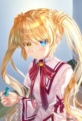 Rule 34 | 1girl, :&lt;, blonde hair, blue eyes, blush, closed mouth, colored eyelashes, commentary request, commission, dress, eyes visible through hair, frilled sleeves, frills, frown, hair between eyes, hand up, happy, heterochromia, highres, holding, holding whistle, indoors, jitome, juliet sleeves, kazamatsuri institute high school uniform, long hair, long sleeves, looking at viewer, nakatsu shizuru, pink dress, puffy sleeves, red ribbon, rewrite, ribbon, school uniform, skeb commission, solo, twintails, twitter username, upper body, upturned eyes, variant set, very long hair, whistle, wide sleeves, yellow eyes, zuzuhashi
