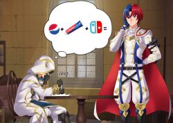 Rule 34 | 2boys, alear (fire emblem), alear (male) (fire emblem), blue hair, cape, fire emblem, fire emblem engage, fire emblem heroes, highres, hooded robe, igni tion, kiran (fire emblem), kiran (male) (fire emblem), multicolored hair, multiple boys, nintendo, nintendo switch, pepsi, red hair, robe, thought bubble, toothpaste, two-tone hair