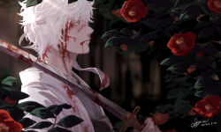 Rule 34 | 1boy, aya shiro423, blood, blood on clothes, blood on face, bloody weapon, dated, day, flower, gintama, headband, highres, holding, holding weapon, outdoors, profile, red eyes, red flower, sakata gintoki, solo, upper body, weapon, white hair, white headband