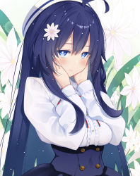 Rule 34 | 1girl, ahoge, akino sora, beret, black skirt, blue eyes, blue hair, blush, breasts, center frills, closed mouth, commentary request, commission, flower, frills, hair between eyes, hair flower, hair ornament, hands up, hat, highres, long hair, long sleeves, looking at viewer, medium breasts, original, pixiv commission, puffy long sleeves, puffy sleeves, shirt, skirt, smile, solo, very long hair, white flower, white hat, white shirt