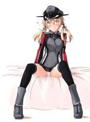 Rule 34 | 10s, 1girl, anchor hair ornament, aqua eyes, bed sheet, between legs, black thighhighs, blonde hair, blue eyes, boots, breasts, breasts squeezed together, cross, full body, hair ornament, hat, heart, highres, iron cross, kaminagi (kaminagi-tei), kantai collection, large breasts, long hair, long sleeves, looking at viewer, military, military uniform, on bed, panties, pantyshot, peaked cap, prinz eugen (kancolle), short hair, short twintails, simple background, sitting, smile, solo, thighhighs, twintails, underwear, uniform, white background, white panties, zettai ryouiki