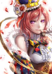 Rule 34 | 10s, 1girl, bow, card, corset, crown, facial tattoo, glint, heart, heart tattoo, holding, lens flare, lma, looking at viewer, love live!, love live! school idol festival, love live! school idol project, nishikino maki, petals, purple eyes, red hair, shirt, signature, sleeveless, sleeveless shirt, solo, tattoo, upper body, white background