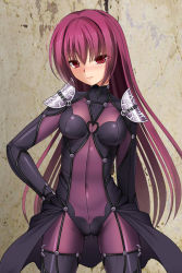Rule 34 | 1girl, armor, blush, bodysuit, breasts, covered navel, cowboy shot, fate/grand order, fate (series), long hair, looking at viewer, medium breasts, onna kishi no shiro, pauldrons, purple bodysuit, purple hair, red eyes, scathach (fate), scathach (fate), shoulder armor, smile, solo, standing, very long hair
