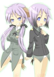 Rule 34 | 2girls, animal ears, b-man, cosplay, crossed arms, dog ears, dog tail, erica hartmann (cosplay), gertrud barkhorn (cosplay), gradient hair, hiiragi kagami, hiiragi tsukasa, long hair, lucky star, military, military uniform, multicolored hair, multiple girls, no pants, purple eyes, purple hair, sisters, strike witches, tail, thighs, twins, twintails, uniform, very long hair, world witches series