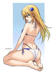 Rule 34 | 1girl, absurdres, back, barefoot, bikini, blazblue, blonde hair, blue bikini, commentary, dootmoon, english commentary, from behind, green eyes, highres, long hair, looking at viewer, looking back, noel vermillion, open mouth, seiza, sideways glance, sitting, soles, solo, swimsuit, twitter username, two-tone bikini, variant set, white bikini