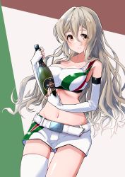 Rule 34 | 1girl, alternate costume, belt, blush, bottle, breasts, brown eyes, cleavage, crop top, detached sleeves, flag background, grey hair, hair between eyes, highres, holding, holding bottle, italian flag, kantai collection, komb, large breasts, long hair, midriff, navel, pola (kancolle), race queen, shorts, simple background, single thighhigh, skindentation, solo, thighhighs, wavy hair, white thighhighs