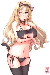 Rule 34 | 1girl, alternate costume, animal ears, artist logo, bell, black bra, black panties, black thighhighs, blonde hair, blue eyes, bra, breasts, cat cutout, cat ear panties, cat ears, cat lingerie, cat tail, choker, cleavage, cleavage cutout, clothing cutout, collarbone, dated, hair between eyes, highres, jingle bell, kanon (kurogane knights), kantai collection, large breasts, long hair, looking at viewer, meme attire, neck bell, nelson (kancolle), one eye closed, panties, revision, side-tie panties, signature, simple background, smile, solo, stomach, tail, thighhighs, underwear, underwear only, white background