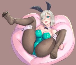 Rule 34 | 10s, 1girl, alternate costume, animal ears, black pantyhose, blue eyes, breasts, cleavage, detached collar, eyes visible through hair, fake animal ears, feet, gloves, green leotard, hair ornament, hair over one eye, hairclip, hamakaze (kancolle), heart, heart-shaped pupils, holding legs, kantai collection, large breasts, legs up, leotard, looking at viewer, lying, no shoes, on back, open mouth, pantyhose, playboy bunny, rabbit ears, rabbit tail, short hair, silver hair, solo, spread legs, symbol-shaped pupils, tail, toe scrunch, toes, white gloves, wrist cuffs, yuuji (and)