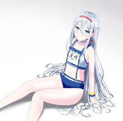 Rule 34 | 1girl, blue eyes, blue shorts, blush, camisole, closed mouth, crop top, feet out of frame, gradient background, grey background, hair between eyes, hairband, hashire! taiikumatsuri! ~jikkou iin wa ooisogashi~ (project sekai), highres, knees together feet apart, long hair, looking at viewer, midriff, morerin, navel, parted bangs, project sekai, red hairband, short shorts, shorts, silver hair, sitting, solo, very long hair, white background, white camisole, yoisaki kanade