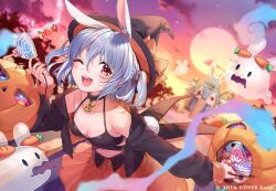 Rule 34 | 1girl, ;d, animal ear fluff, animal ears, black collar, black jacket, blue hair, blush, breasts, candy, collar, extra ears, food, ghost, halloween bucket, hat, hololive, jacket, looking at viewer, multicolored hair, pekomon (usada pekora), official art, one eye closed, open clothes, open jacket, open mouth, orange skirt, outdoors, rabbit-shaped pupils, rabbit ears, red eyes, red nails, saekiyahiro, skirt, sky, small breasts, smile, solo, streaked hair, symbol-shaped pupils, thick eyebrows, twilight, two side up, usada pekora, virtual youtuber, white hair, witch hat
