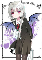 Rule 34 | 1girl, absurdres, arms behind back, bat wings, black dress, black pantyhose, blue wings, breasts, closed umbrella, collarbone, commentary request, dress, grey hair, highres, long hair, long sleeves, looking at viewer, pantyhose, parted lips, red eyes, ryoutan, small breasts, solo, sophie twilight, tonari no kyuuketsuki-san, umbrella, very long hair, white background, white umbrella, wings