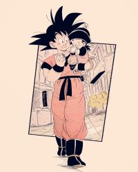 Rule 34 | 2boys, ankle boots, beige background, black eyes, black footwear, black hair, black headwear, boots, building, carrying, chewing, child, chinese clothes, closed mouth, clothes writing, collarbone, dougi, dragon ball, dragon ball (object), dragonball z, dumpling, eating, facing viewer, father and son, fenyon, fingernails, flying nimbus, food, food on face, full body, hat, highres, holding, holding food, light smile, looking at another, male focus, monkey tail, multiple boys, shadow, simple background, son gohan, son goku, spiked hair, tail, twitter username, walking, wristband