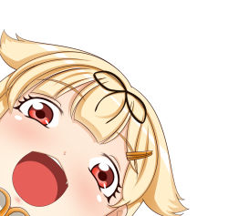 Rule 34 | 1girl, blonde hair, derivative work, hair flaps, hair ornament, hair ribbon, hairclip, henry (noagility), highres, kantai collection, long hair, love live!, love live! school idol project, open mouth, original, parody, red eyes, ribbon, smile, solo, yuudachi (kancolle), yuudachi kai ni (kancolle)