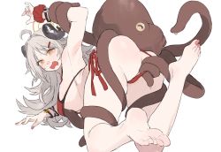 Rule 34 | 1girl, aochoku, armpits, ass, barefoot, bikini, bikini bottom aside, blue archive, breasts, clothing aside, drooling, grey hair, hair ornament, hairclip, halo, highres, horns, izumi (blue archive), izumi (swimsuit) (blue archive), large breasts, long hair, looking at viewer, mouth drool, octopus, open mouth, pussy, pussy peek, red bikini, restrained, scrunchie, side-tie bikini bottom, simple background, solo, sweatdrop, swimsuit, white background, wrist scrunchie, wristband, yellow eyes