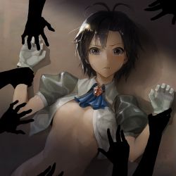 Rule 34 | 1girl, antenna hair, areola slip, arm grab, bad id, bad pixiv id, black hair, clenched teeth, expressions, eyehead, frown, gloves, highres, holding another&#039;s wrist, idolmaster, idolmaster (classic), imminent rape, kikuchi makoto, out of frame, purple eyes, sexually suggestive, short hair, solo focus, sweat, tears, teeth, tickling, tickling arms, tickling stomach, white gloves
