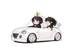 Rule 34 | 2girls, banana peel, black dress, black hair, blue eyes, blue hair, blush, car, chibi, closed mouth, commentary request, convertible, demon girl, demon horns, demon tail, dress, driving, fang, highres, horns, looking at another, medium bangs, medium hair, motor vehicle, multicolored hair, multiple girls, nanashi inc., official alternate costume, open mouth, pointy ears, red eyes, red hair, ryugasaki rene, ryugasaki rene (3rd costume), shishio chris, shishio chris (3rd costume), short hair, short sleeves, signature, simple background, smile, tail, two-tone hair, upper body, virtual youtuber, white background, zono (inokura syuzo029)