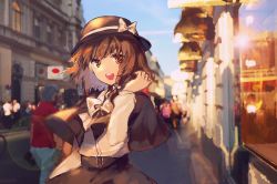 Rule 34 | :d, black hat, black skirt, bow, bowtie, braid, brown eyes, brown hair, capelet, commentary request, day, hair bow, hat, hat bow, highres, kita (kitairoha), lens flare, looking at viewer, open mouth, outdoors, shirt, short hair, side braid, skirt, smile, solo focus, touhou, usami renko, white bow, white bowtie, white shirt