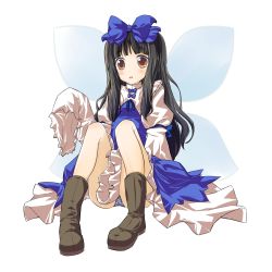 Rule 34 | 1girl, black hair, blunt bangs, boots, bow, dress, fairy, female focus, fuguno, full body, hair bow, highres, long hair, open mouth, oriental sacred place, panties, pantyshot, sitting, solo, star sapphire, striped clothes, striped panties, surprised, touhou, transparent background, underwear, wings