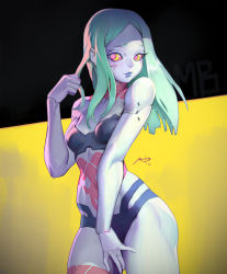 Rule 34 | 1girl, absurdres, aqua hair, artificial eye, artist logo, breasts, colored sclera, colored skin, commentary, cyberpunk (series), cyberpunk edgerunners, green hair, highres, leg tattoo, long hair, marc brunet, mechanical eye, mechanical hands, medium hair, navel, neck tattoo, parted lips, rebecca (cyberpunk), red pupils, red sclera, small breasts, solo, standing, stomach, stomach tattoo, tattoo, two-tone background, yellow eyes