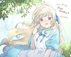 Rule 34 | 1girl, :d, alternate costume, apron, blonde hair, blue bow, blue dress, blue ribbon, blush, bow, bush, buttons, collared dress, commentary, dated, day, dress, english text, foliage, frilled apron, frilled dress, frills, hair ribbon, happy birthday, heart, highres, kagerou project, kozakura marry, long hair, looking at viewer, maid apron, mekakucity actors, neck ribbon, nose blush, open mouth, outdoors, pink eyes, plant, puffy short sleeves, puffy sleeves, ribbon, sa-fu (sfmk39), short sleeves, smile, solo, sunlight, swept bangs, tareme, tongue, twitter username, two-tone dress, very long hair, wavy hair, white apron, white dress, white hair, wind, wind lift