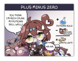 Rule 34 | 1girl, 1koma, ahoge, artist request, black pantyhose, blush, brown hair, character doll, chibi, coat, coin, comic, dakimakura (object), english text, erika (eversoul), eversoul, fairy wings, game cg, heart, heart hair, holding, holding stuffed toy, hood, hood down, long coat, looking away, mascot, merchandise, neck ribbon, non-web source, official art, pantyhose, pillow, pointy ears, potion, ribbon, round eyewear, solo, stuffed toy, sweatdrop, white coat, wings, yellow eyes