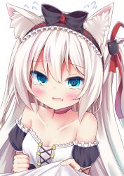 Rule 34 | 1girl, animal ears, aqua eyes, azur lane, bare shoulders, blush, bow, breasts, cat ears, choker, collarbone, dress, esureki, fang, flying sweatdrops, frilled dress, frilled hairband, frills, hair between eyes, hair bow, hair ribbon, hairband, hammann (azur lane), highres, long hair, looking at viewer, one side up, open mouth, puffy sleeves, remodel (azur lane), ribbon, small breasts, solo, star (symbol), tears, white hair